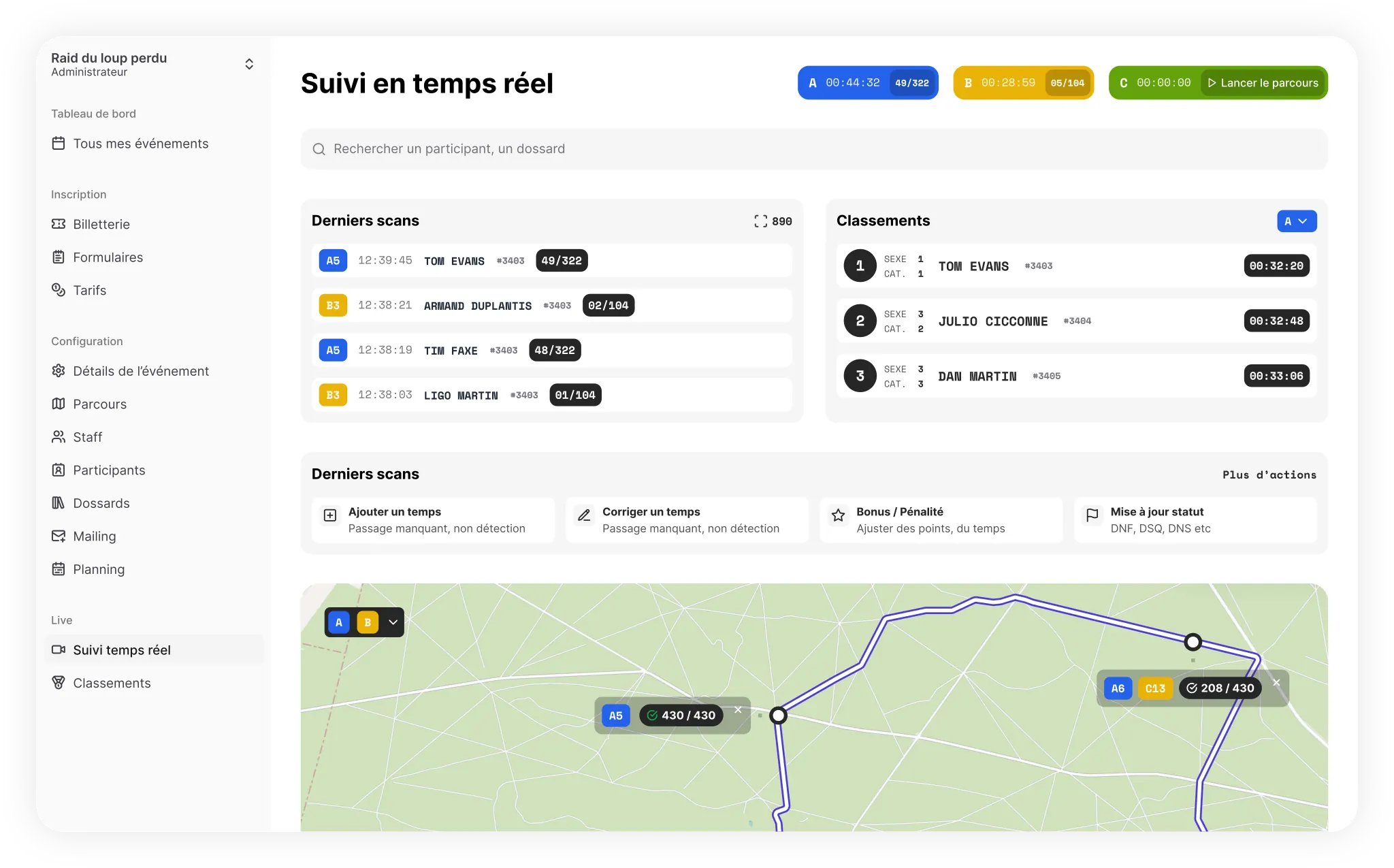 Dossard Club real-time tracking screen: latest scans, rankings and a live course map