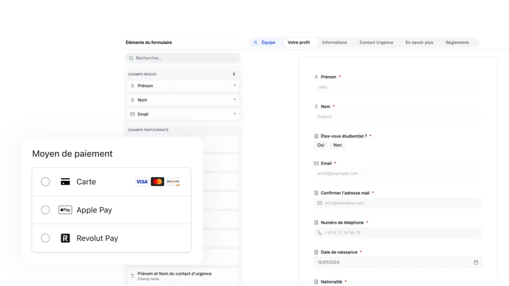 Dossard Club mobile registration form with one-tap Apple Pay
