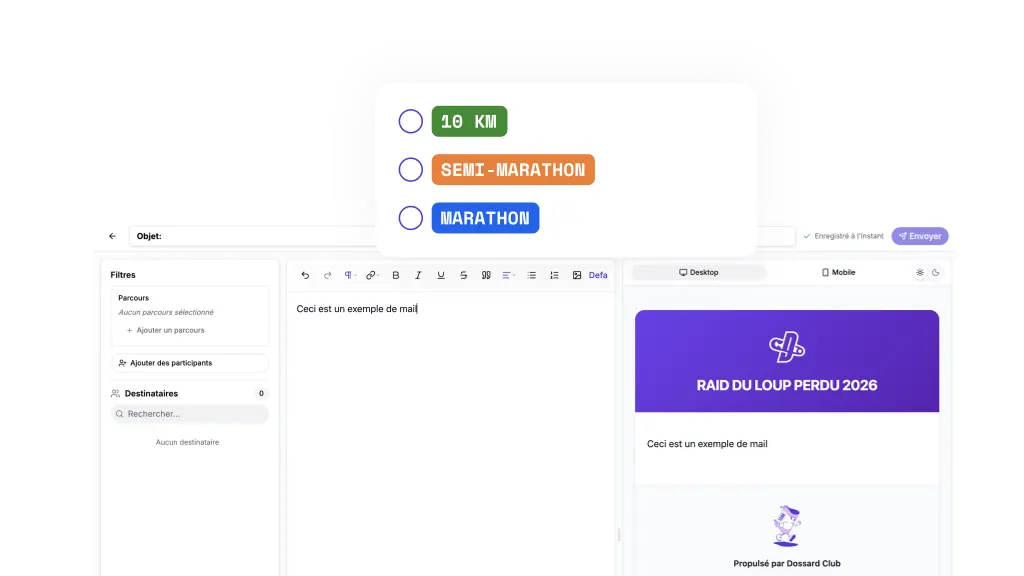 Dossard Club automated email editor for keeping in touch with entrants
