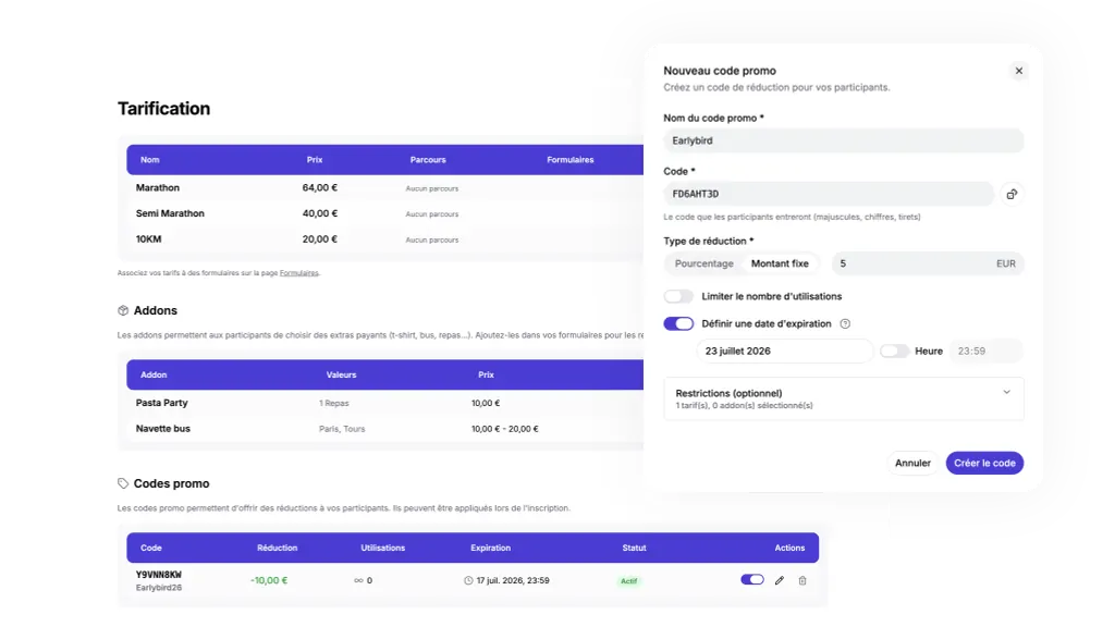 Dossard Club add-on management: race pack, meals and merchandise added to a registration